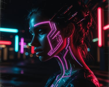 Image of a cyborg woman with glowing electron paths on her face set at night time.
