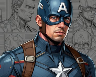 Image of a concept drawing of Captain America set against other sketches of him.