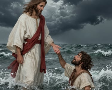 3D render of Jesus pulling Peter from the sea