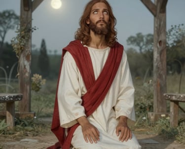 3D render of Jesus praying in the garden of Gethsemenie at night.