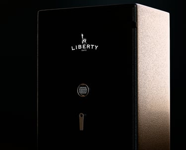 A 3D rendering of a black Liberty Safe