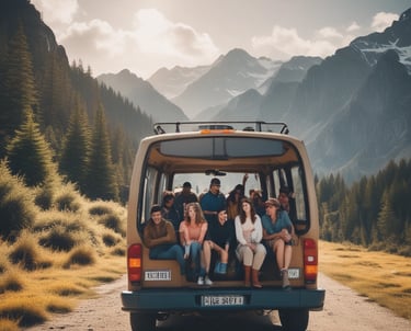 A tempo traveller parked at a scenic location.