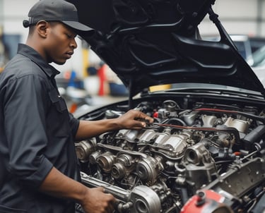 A mechanic working on a car engine in a repair shop.