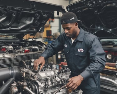 A mechanic working on an engine in a garage.