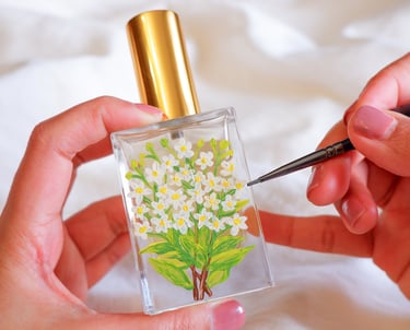 Perfume bottle painting by NYC calligrapher and illustrator