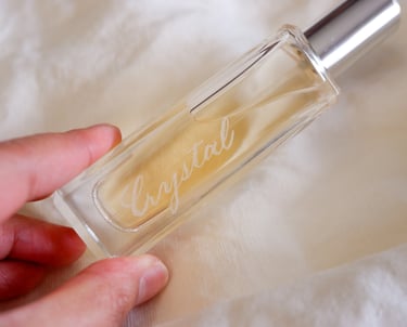 A perfume bottle hand-engraved by NYC engraver Handwritten by Belle.