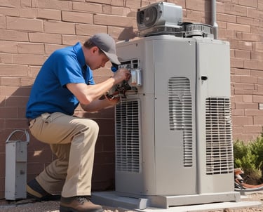 A man wearing a blue cap is working in a utility room, handling electrical wiring and a control panel. He stands on a step stool, focusing intently on the task. The background features various pipes, electrical conduits, and panels.