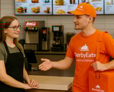 DerbyEats driver interacting with a restaurant worker.