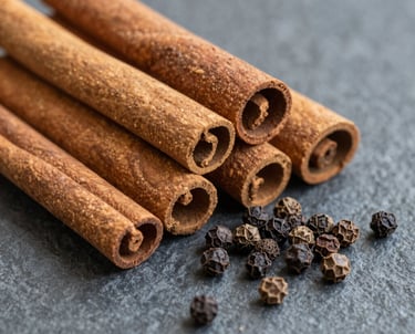A stack of natural cinnamon sticks and whole black peppercorns on a textured grey surface.