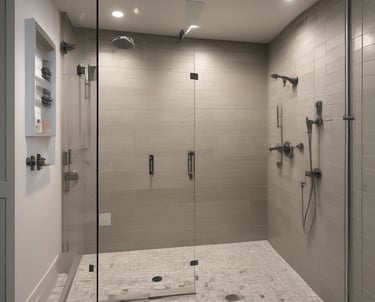 A modern bathroom features a glass-enclosed shower on the left with a sleek design and decorative tiles. On the right, there is a high-tech steam shower cabin equipped with multiple control panels and LED lights.