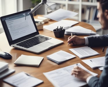 a person holding a cell phone in front of a laptop