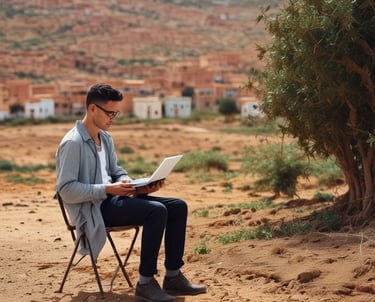 A high-speed white train travels on railway tracks alongside a road with moving vehicles, including cars and trucks. The scene is set in a rural area with sparse trees and vegetation. Two large wind turbines stand in the background, towering over the landscape. The sun casts long shadows, suggesting it is either early morning or late afternoon.
