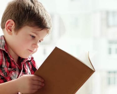 imagem de uma criança de 06 anos aproximadamente lendo um livro. 