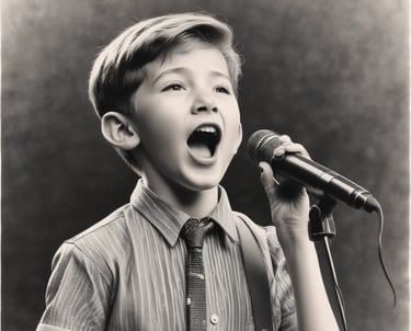A person passionately singing into a microphone, surrounded by dynamic light trails creating a sense of movement. The individual is wearing a white shirt with an earplug and has a tattoo on the arm. The background is filled with warm, blurred lights.
