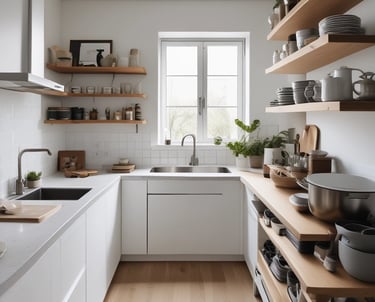 A laptop displaying a webpage with several interior design images is placed on a wooden table. Behind it, a gray couch and a round mirror on the wall can be seen, suggesting a cozy room setup. Soft lighting filters through sheer curtains in the background.