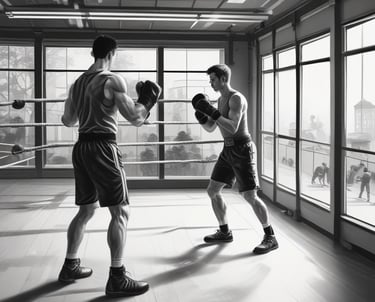 A man is engaged in a kickboxing workout, kicking a white punching bag in a gym setting. He is wearing black shorts and protective gloves, with his focus on exercise. The gym is lit with natural light from windows, illuminating the boxing equipment and mat.