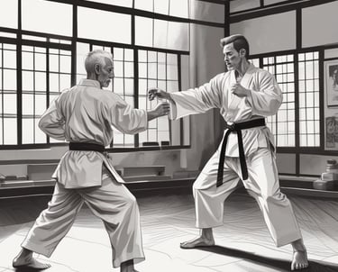 A person mid-air in a dynamic pose, wearing boxing gloves and kicking near a punching bag. The scene is set in a gym with a focus on physical activity, showing strength and motion.