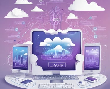 A modern cylindrical glass building with multiple floors is seen against a cloudy sky. The building features reflective windows that capture the light and clouds. There are signs of professional services companies at the top and the bottom sections supported by columns.