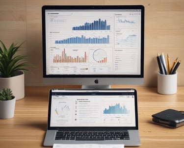 People are working on laptops at a modern office setup. The environment appears collaborative and tech-focused, with laptops, notebooks, and a bright, colorful interior featuring orange and green tones.