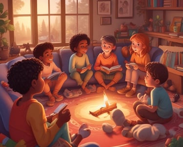 A group of children is gathered on the floor, engaging in reading from books placed on wooden stands. They appear focused and attentive, with some children dressed in traditional attire including scarves.