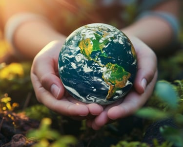 a person holding a globe in their hands green growth below