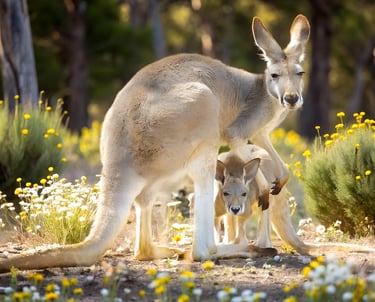 A mother kangaroo with her joey standing in a field of wild yellow flowers in the Australian outback.