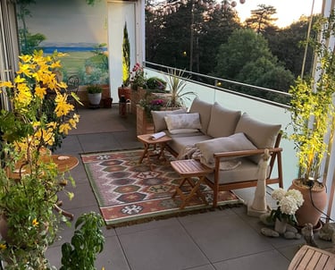 a patio with a couch and chairs and a rug