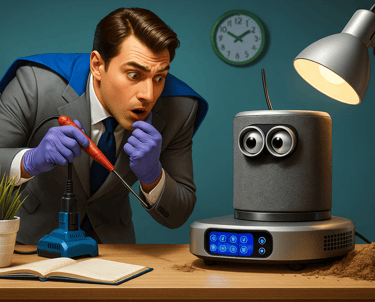 Surprised man repairing quirky smart gadget. Solving unusual home tech issues with a smile.