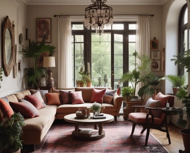 The image features a partially renovated interior space with ornate moldings and a large arched window with stained glass. Scaffolding and ladders are positioned throughout the area, along with painting supplies and construction equipment. The light coming through the window creates a contrast with the otherwise muted tones of the room.