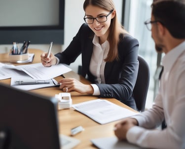 A monochromatic indoor scene featuring a consultation area with a modern design. Two people are seated at a long wooden table, working on laptops, while another person stands nearby. Bookshelves are visible beneath the table, and a sign reads 'Consultation Specialisee'. Overhead lighting and glass partitions add to the contemporary architectural style.