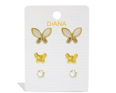 Three pair set of gold butterfly and crystal stud earrings on a DiANA display card.