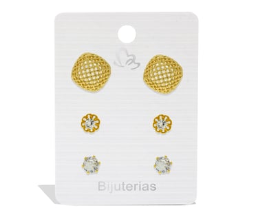 Three pairs of gold stud earrings with textured mesh and crystal accents on a white display card.
