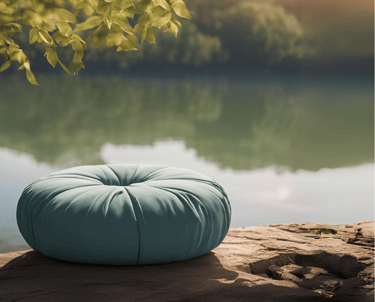 a round pillow on a rock in the middle of a lake