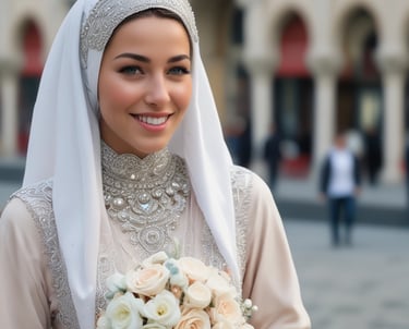 A woman is adorned in an elaborate white lace garment that includes a hijab integrated with ornate lace and beadwork details. Her profile view reveals a delicate arrangement of jasmine flowers entwined in her headdress. She exudes elegance and grace, with intricate lace gloves accentuating her hands.