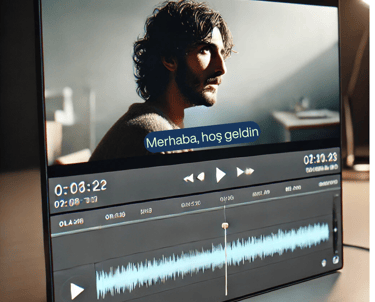 a photo illustrating Turkish subtitling services with a film on a screen and subtitle