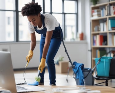 A professional cleaner in uniform carefully wiping down an office desk with a microfiber cloth.