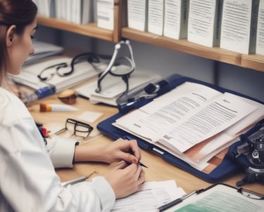 A focused student working late at a desk surrounded by research papers and a laptop.