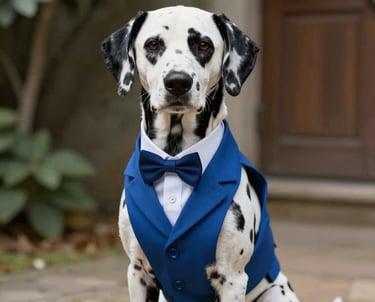 Un perro dálmata de etiqueta, con chaleco azul y pajarita a juego