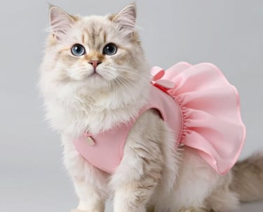 Lindo gato blanco de pelo largo y ojos azules que lleva un elegante vestido rosa 