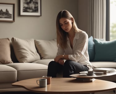 A calm woman sitting peacefully by a window, reflecting thoughtfully.