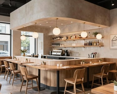 A cozy, warmly lit dining bar interior with attentive staff serving customers.