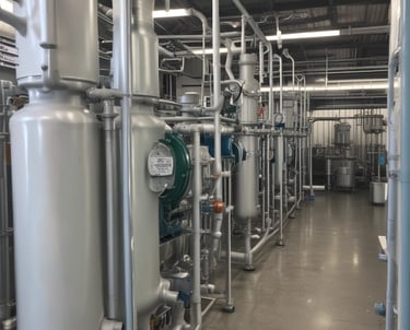 A technician calibrating dairy flow meters in a bright, clean dairy plant.
