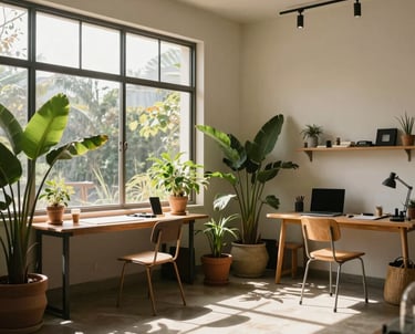 A lifestyle shot of a creative studio space with large windows and plants, bathed in afternoon sun. The composition is clean and artistic. South American / Brazilian interior.