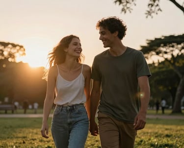 A portrait of a young Brazilian couple laughing while walking in a park at sunset. Warm, cinematic atmosphere with lens flare.