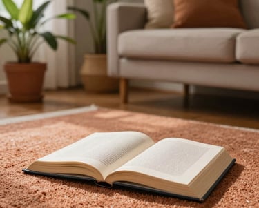 A creative lifestyle shot of a Brazilian living room with warm light, plants, and an open book on a terracotta-colored rug.