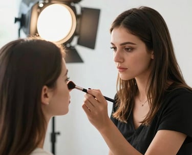 Candid shot of a makeup artist preparing a client for a photoshoot. Bright, airy, and professional studio lighting. Brazilian context.