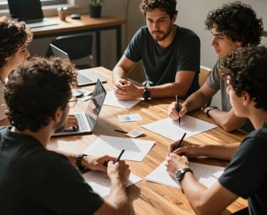 Candid photo of a creative team discussing ideas around a sunlit wooden table. Authentic Brazilian creative workspace vibe.