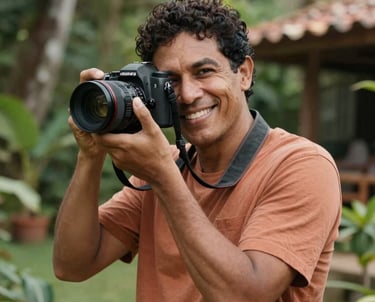 Portrait of a photographer with a camera, smiling warmly in a sun-drenched garden. Natural skin tones, warm terracotta and charcoal attire. South American / Brazilian context.
