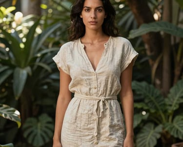 A creative professional portrait of a woman in a linen dress, standing in a garden with soft dappled sunlight. South American style.