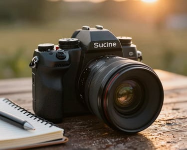 A close-up photo of a professional camera sitting on a rustic table next to a notebook. Cinematic focus and warm sunset light.